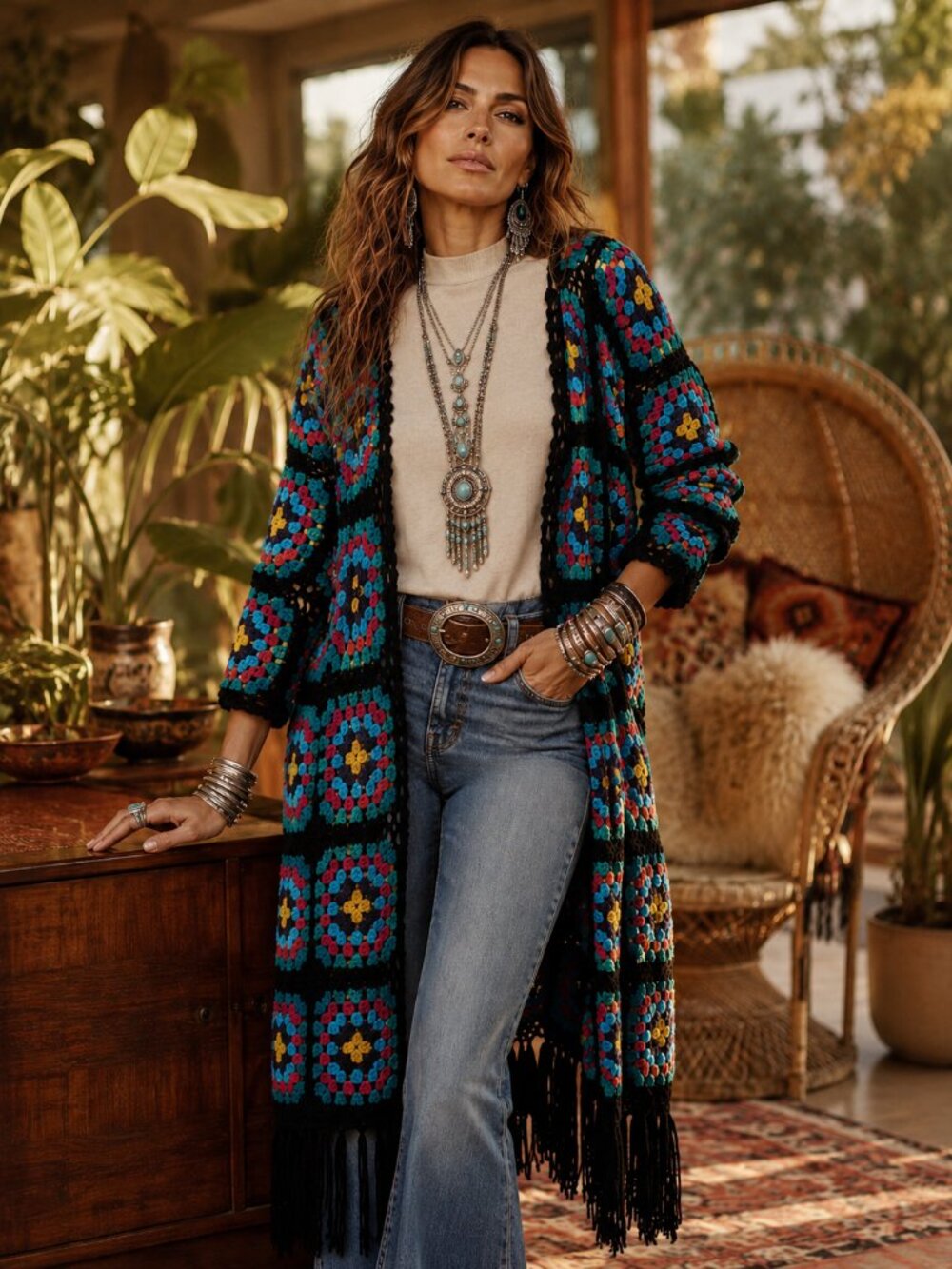 Crochet Fringe Duster - Black with Teal, Pink & Mustard